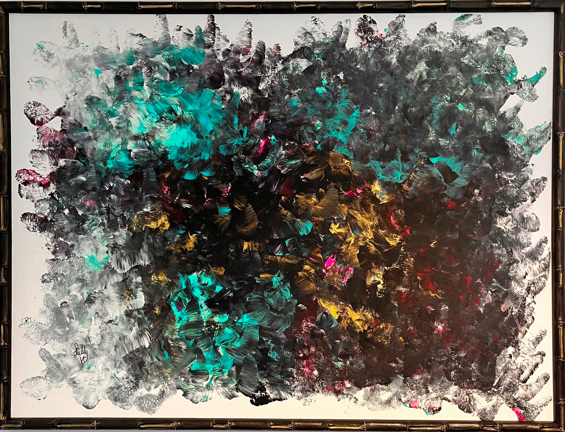 Abstract painting with swirling black, pink, and green hues depicting moth-like shapes fluttering toward a central glowing orb, resembling moths drawn to a mothball, creating a mysterious and captivating atmosphere.