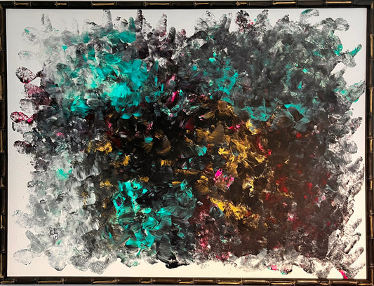 Abstract painting with swirling black, pink, and green hues depicting moth-like shapes fluttering toward a central glowing orb, resembling moths drawn to a mothball, creating a mysterious and captivating atmosphere.