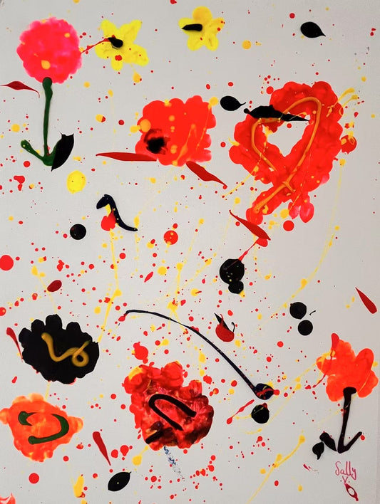 Abstract painting featuring dynamic splashes and drips of vibrant colors, interwoven with elegant hearts and delicate floral shapes, creating a luxurious and passionate composition full of energy and grace.