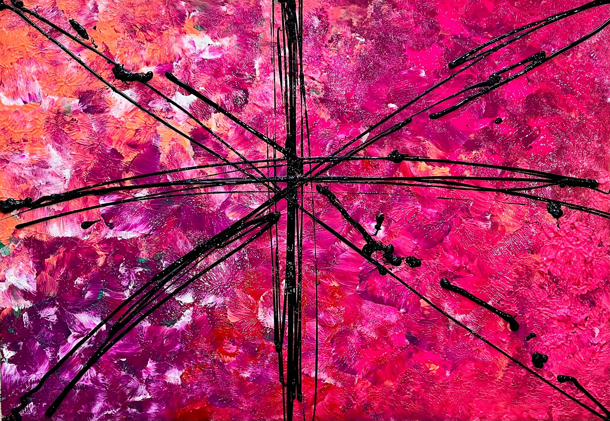 Shop Blush Britannia by Sally Victoria a hand-painted, abstract Union Jack artwork in rich crimson, fuchsia and rose. A bold, modern piece for luxury interiors.