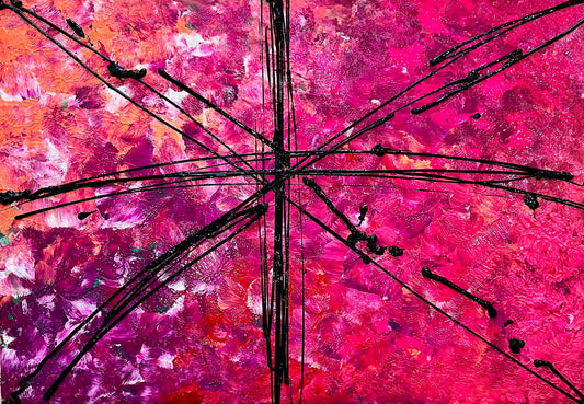 Shop Blush Britannia by Sally Victoria a hand-painted, abstract Union Jack artwork in rich crimson, fuchsia and rose. A bold, modern piece for luxury interiors.